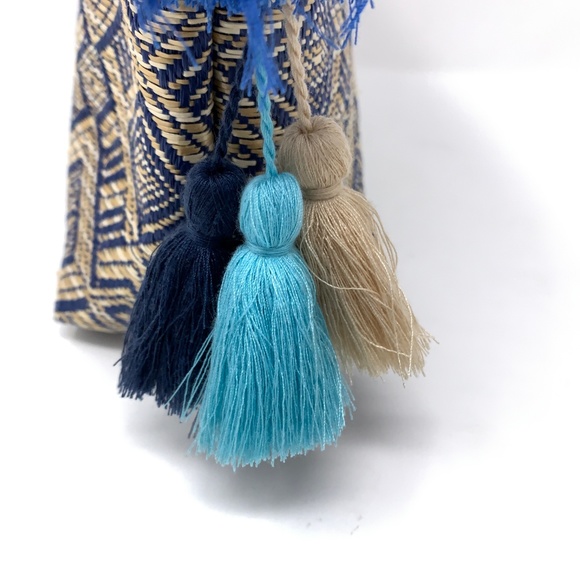 Weaved Wallet Bag Purse Boho Blue Cream Ivory - Picture 3 of 6